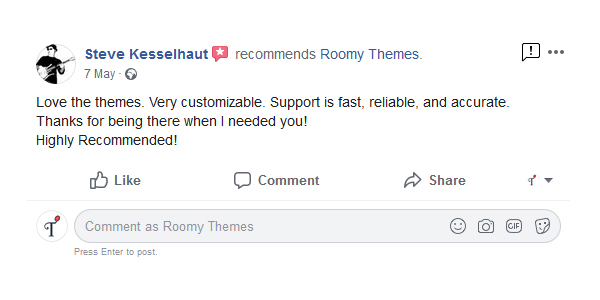 Roomy themes testimonials by Steve K