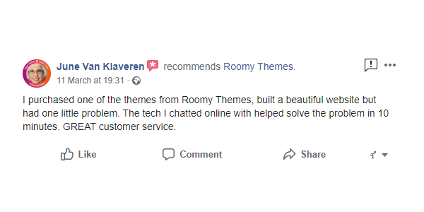 Roomy Themes facebook review June