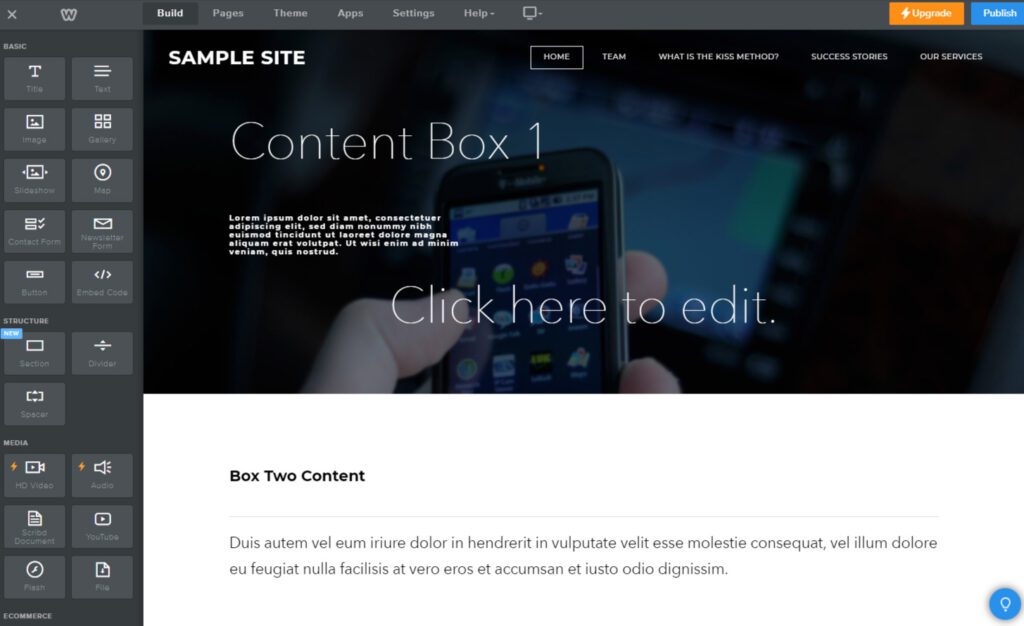 build tab of Weebly website editor