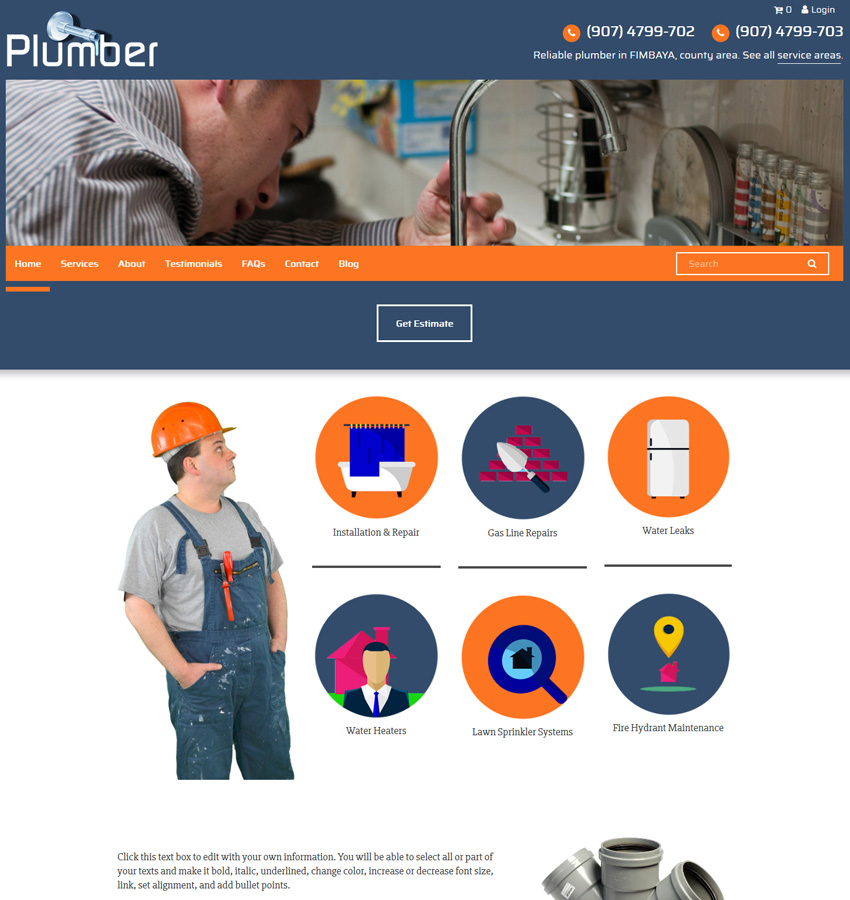 Plumber website theme for plumbing, roofers, repairs website, construction and handyman