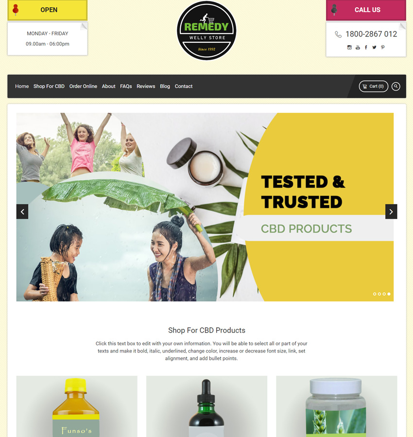 Welly template, weebly theme for CBD store, hemp products and e-commerce website