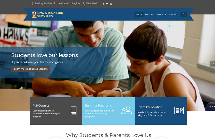 Owl education services website made with Academy theme