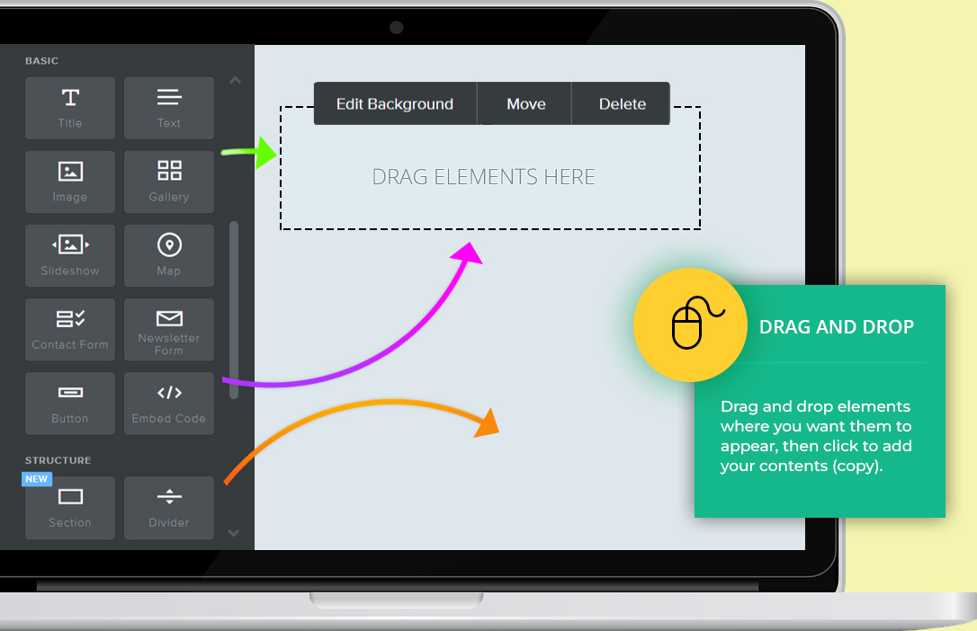 Weebly builder elements. Drag and drop content elements