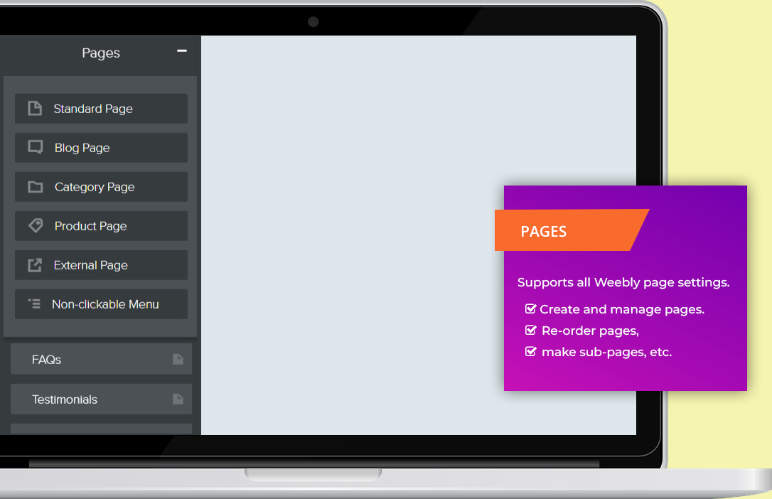 Create, manage and re-order Weebly pages